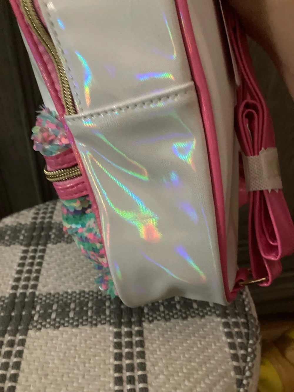Justice Iridescent White & Pink Sequin Kids Backpack